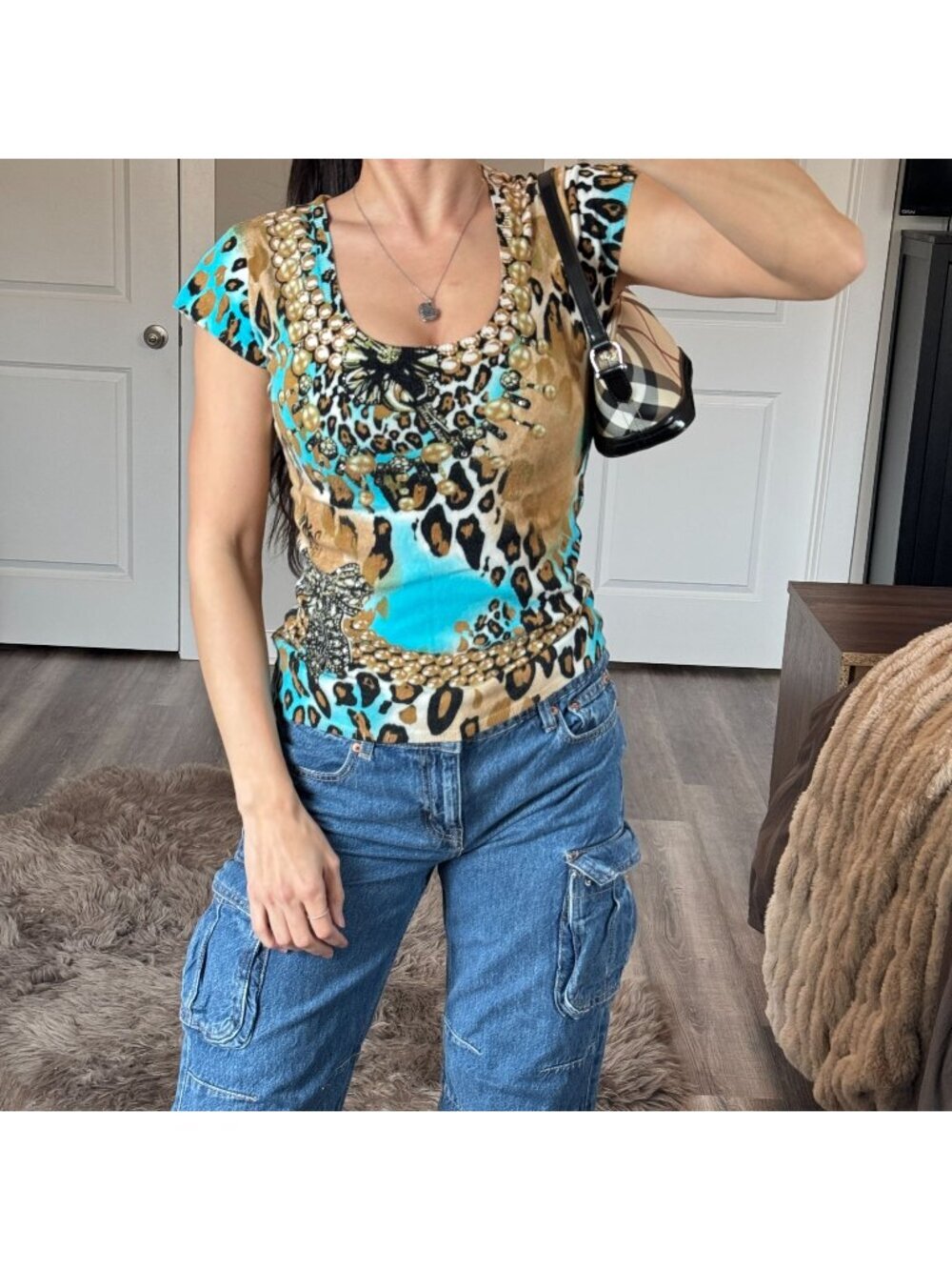 Y2K Cache Fitted Leopard Baby Tee M McBling Grunge Girl Maximalism Rhinestone